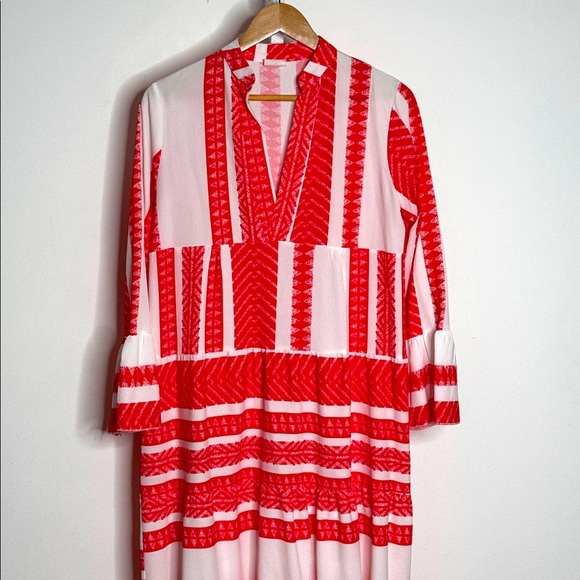 Silk And Salt Dress Aztec Print Boho Red White Midi Length Oversized Easy Fit - Picture 5 of 16